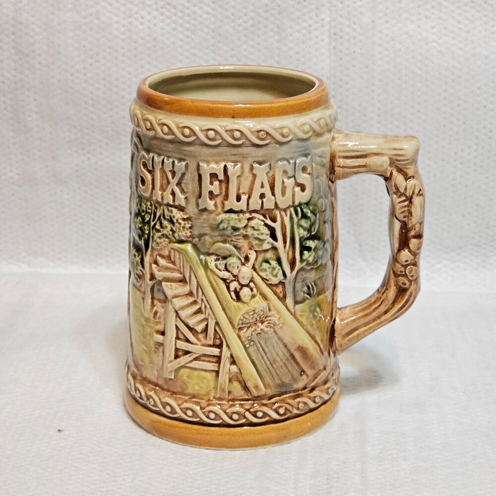 Vtg Six Flags Beer Stein Mug Log Flume Train & Car 3D Embossed Design Japan
